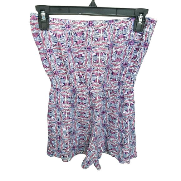 Three Pink Hearts Womens Sz S Blue Red Geometric Strapless Romper - Picture 9 of 9